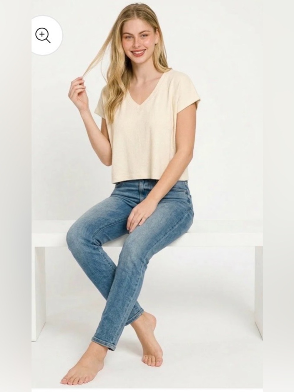 Zenana Hacci Slub SAND BEIGE V-Neck Boxy Tee - Picture 3 of 3